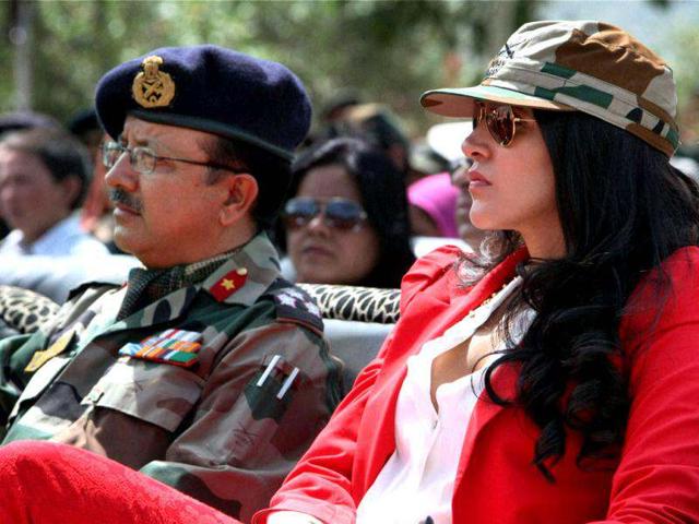 Neha Dhupia at Kargil war memorial during a two-day celebration of Vijay Diwas in Drass. PTI/S Irfan