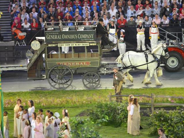 Actors perform during the opening ceremony of the London 2012 Olympic Games at the Olympic Stadium in London. (AFP photo/ Saeed Khan)