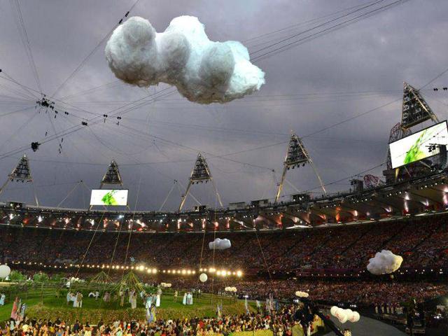 Photo shows a general view of the Olympic stadium in London during the opening ceremony of the London 2012 Olympic Games. (AFP photo/Gabriel Bouys)
