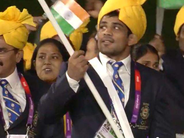 India's Sushil Kumar carries national flag during the Opening Ceremony at the 2012 Summer Olympics in London. (Agencies)
