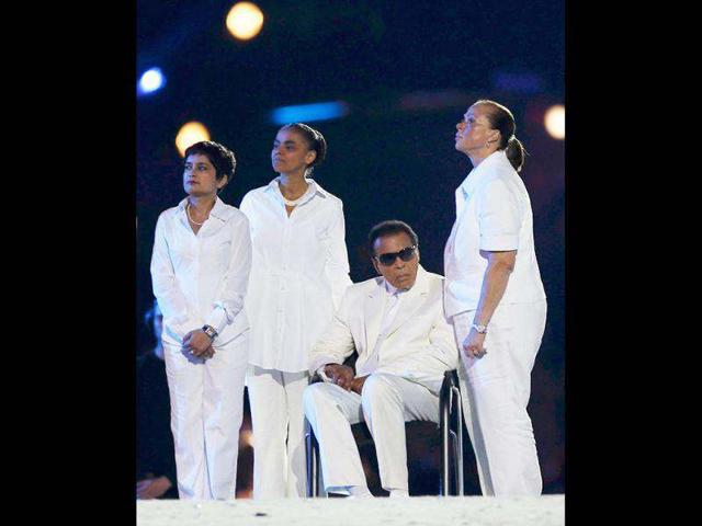 Boxing legend Muhammad Ali is shown as he takes part in the opening ceremony of the London 2012 Olympic Games at the Olympic Stadium. Reuters/Mike Segar
