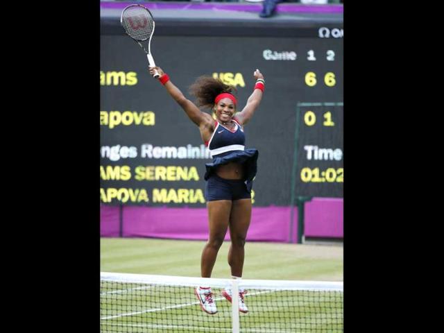 Serena Williams of the US celebrates after winning the women's singles gold medal match against Russia's Maria Sharapova at the All England Lawn Tennis Club during the London 2012 Olympic Games. Reuters/Mike Blake