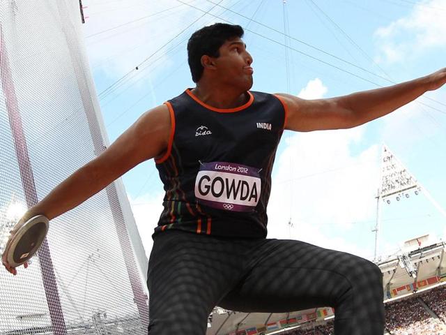 Vikas Gowda competes in the men's discus throw qualifications at the athletics event of the London 2012 Olympic Games in London. AFP Photo/ Adrian Dennis