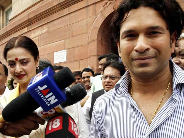 Rajya Sabha MP Sachin Tendulkar with actress Rekha at the monsoon session of Parliament in New Delhi. HT/Arvind Yadav