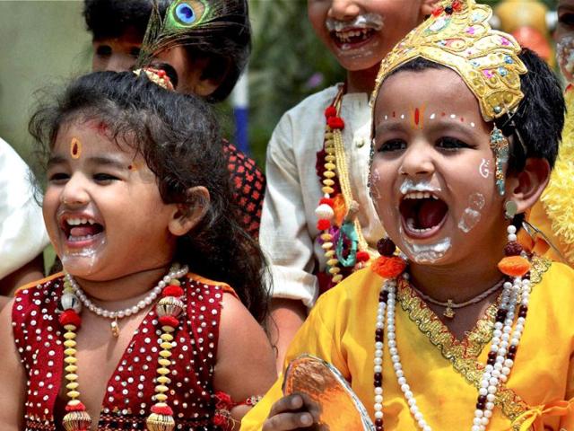 Children dressed as Lord Krishna take part in Janmashtami celebrations in Patna. (PTI)
