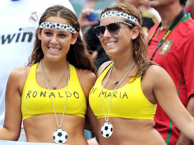 Two Real Madrid fans wait for the game to start against Celtic at Lincoln Financial Field in Philadelphia, Pennsylvania. AFP Photo