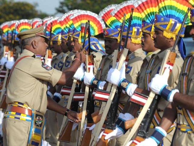 Andhra Pradesh Special Police personnel prepare for a full dress rehearsal for Independence Day celebrations in Secunderabad. AFP photo/Noah Seelam