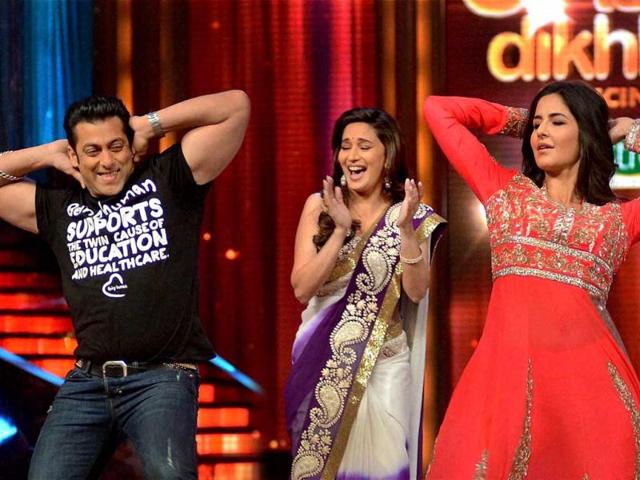 Salman Khan, Mahduri Dixit and Katrina Kaif share a laugh during the promotion of Ek Tha Tiger. (PTI Photo)