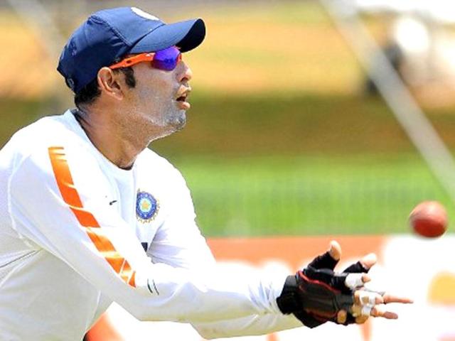 VVS Laxman catches a ball during a net practice session at The Galle International Cricket Stadium in Galle. AFP photo/Lakruwan Wanniarachchi