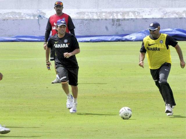 Sachin Tendulkar and Virender Sehwag playing football during a practice session in Hyderabad ahead of the first cricket test match against New Zealand. PTI Sachin Tendulkar and Virender Sehwag playing football during a practice session in Hyderabad ahead of the first cricket test match against New Zealand. PTI
