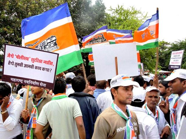 MNS supporters during their march from Girgaum Chowpatty to Azad Maidan in Mumbai to protest the violence that took place in the Maidan on August 11. (PTI/Shirish Shete)