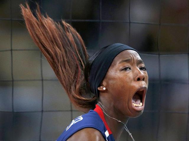 Destinee Hooker of the US celebrates a point against Brazil during their women's gold medal volleyball match at Earls Court during the London 2012 Olympic Games. Reuters Photo Destinee Hooker of the US celebrates a point against Brazil during their women's gold medal volleyball match at Earls Court during the London 2012 Olympic Games. Reuters Photo