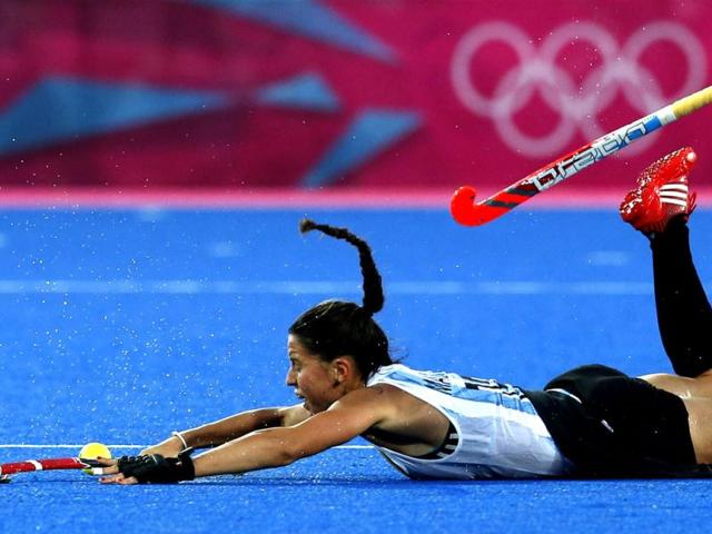 Argentina's Sofia Maccari falls on the pitch during their women's gold medal hockey match against Netherlands at the Riverbank Arena at the London 2012 Olympic Games. Reuters Photo Argentina's Sofia Maccari falls on the pitch during their women's gold medal hockey match against Netherlands at the Riverbank Arena at the London 2012 Olympic Games. Reuters Photo