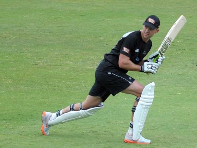 New Zealand cricketer James Franklin bats during a practice session on the eve of their first Test match against India at the Rajiv Gandhi International cricket stadium in Hyderabad. AFP/Noah Seelam