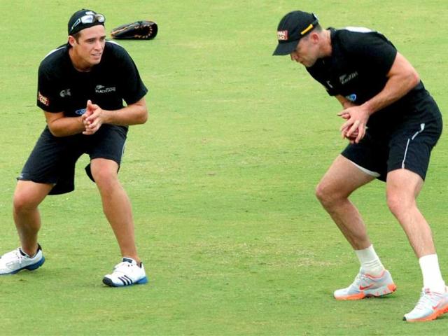 New Zealand cricketers during a practice session at the Rajiv Gandhi International cricket stadium in Hyderabad, a day before the first Test match against India. PTI photo