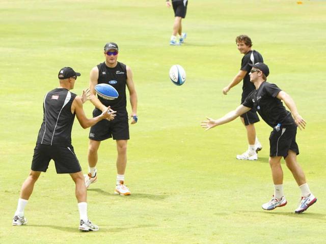 New Zealand team players during a practice session at Rajiv Gandhi Internationl Cricket Stadium ahead of their first Test match against India, in Hyderabad. HT/Sunil Saxena