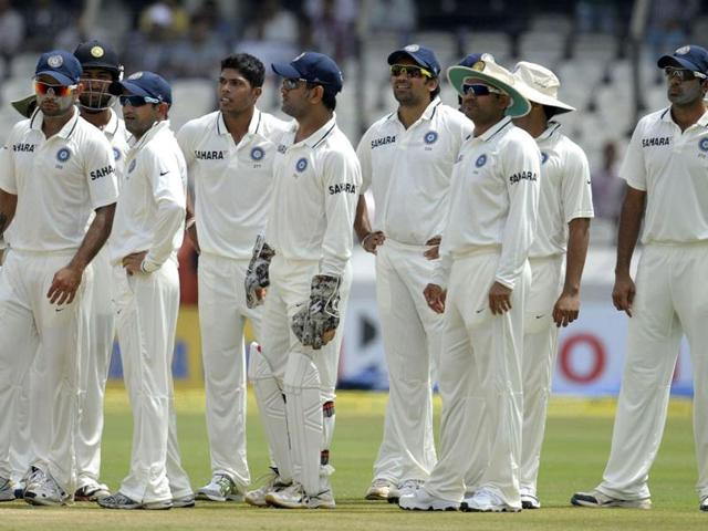 India cricketers watch the screen replaying the dismissal of New Zealand cricketer Kruger van Wyk during the third day of the first Test match between India and New Zealand at the Rajiv Gandhi International Cricket Stadium in Hyderabad. AFP Photo / Noah Seelam India cricketers watch the screen replaying the dismissal of New Zealand cricketer Kruger van Wyk during the third day of the first Test match between India and New Zealand at the Rajiv Gandhi International Cricket Stadium in Hyderabad. AFP Photo / Noah Seelam