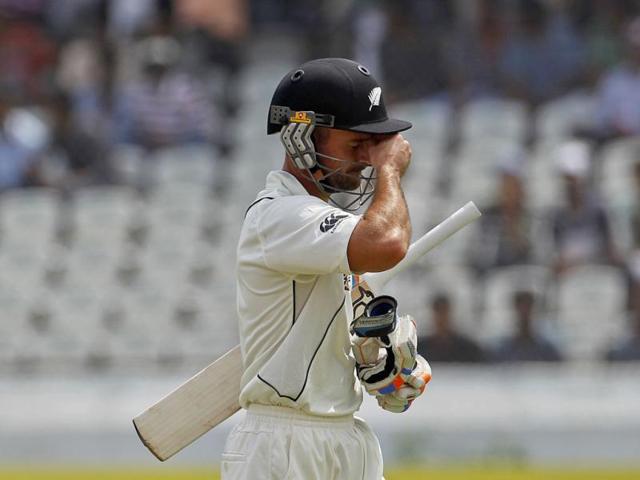 New Zealand's Kruger Van Wyk reacts as he returns to the pavilion after being dismissed for a duck during the third day of their first test cricket match in Hyderabad. Reuters/Vivek Prakash New Zealand's Kruger Van Wyk reacts as he returns to the pavilion after being dismissed for a duck during the third day of their first test cricket match in Hyderabad. Reuters/Vivek Prakash