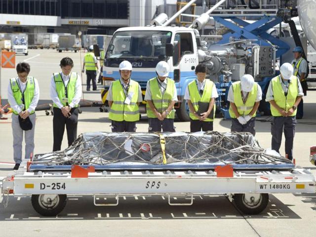 A casket containing the body of Japanese journalist Mika Yamamoto arrives at Narita international airport from Istanbul, in Narita, east of Tokyo. Reuters/Kyodo