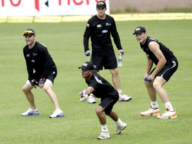 New Zealand players Brendon McCullum (L), Kruger Van Wyk and Martin Guptill during a training session ahead of the second Test match between India and New Zealand at M Chinnaswamy stadium in Bangalore. (Gurpreet Singh/Hindustan Times)