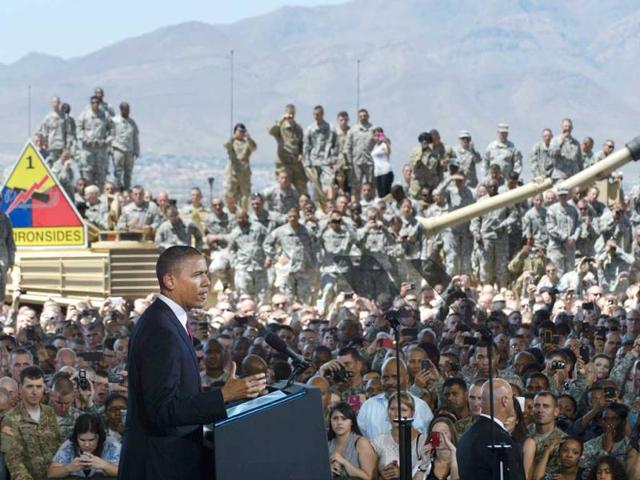 US President Barack Obama addresses troops inside the 1st Aviation Support Battalion Hangar at Fort Bliss, Texas. AFP Photo/Mandel Ngan