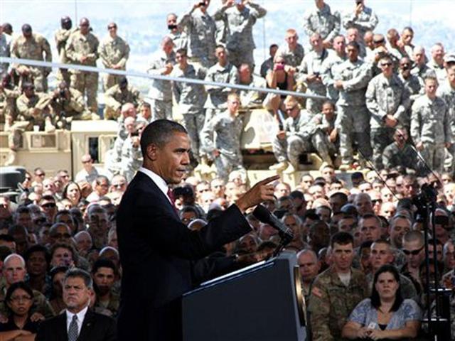 US President Barack Obama speaks to troops, servicemembers and military families at the 1st Aviation Support Battalion Hangar at Fort Bliss in El Paso, Texas. AP Photo/Juan Carlos Llorca