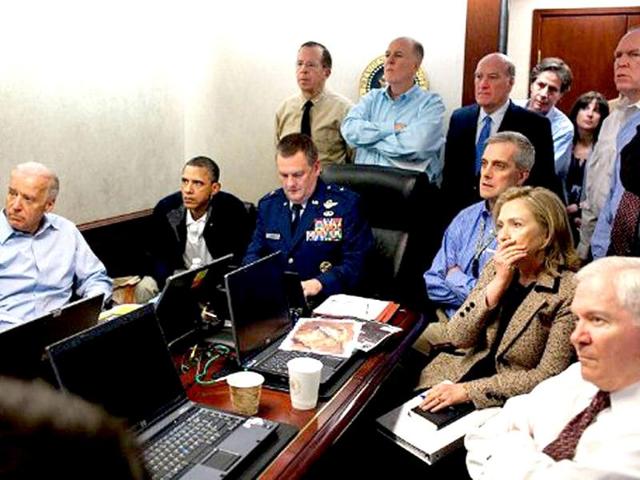 This official White House photo shows US President Barack Obama, US Vice President Joe Biden, US Secretray of Defense Robert Gates, and US Secretary of State Hillary Clinton with members of the national security team as they receive an update on the mission against Osama bin Laden in the Situation Room of the White House, in Washington, DC. AFP Photo