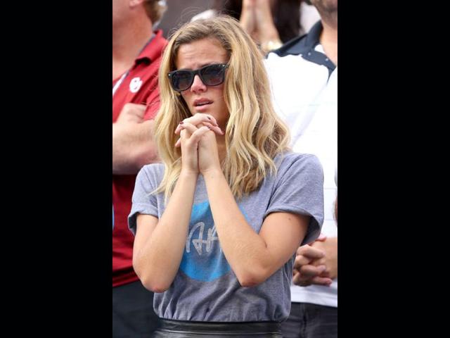 Actress Brooklyn Decker watches the men's singles quarterfinal match between her husband, Andy Roddick and Juan Martin Del Potro on day ten of the 2012 US Open at USTA Billie Jean King National Tennis Center. Cameron Spencer/Getty Images/AFP