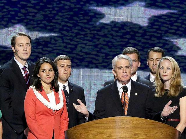 Retired Navy admiral John B Nathman introduces fellow veterans during the Democratic National Convention in Charlotte, North Carolina. AP/J Scott Applewhite