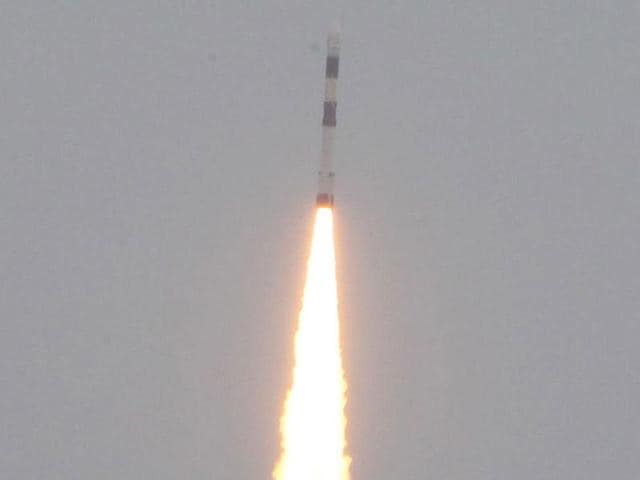 Polar Satellite Launch Vehicle PSLV-C21, carrying the French SPOT-6 remote sensing satellite and the Japanese PROITERES micro-satellite as payload, blasts off from the launchpad at Sriharikota. (AFP Photo/Seshadri Sukumar)