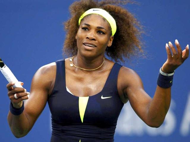 Serena Williams of the US reacts after missed point against Victoria Azarenka of Belarus in their women's singles finals match at the US Open tennis tournament in New York. (Reuters/Adam Hunger)
