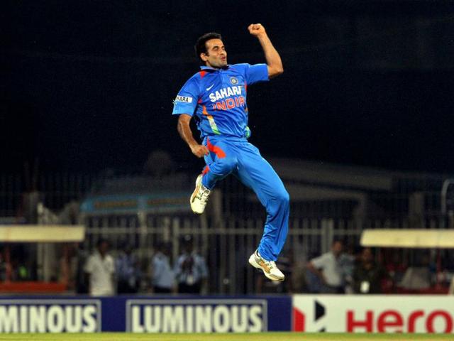 Irfan Pathan jumps in the air to celebrate the dismissal of New Zealand batsman Martin Guptill during the second T20 match between India and New Zealand at the MA Chidambaram Stadium in Chennai. AFP/Manjunath Kiran