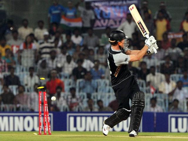 New Zealand batsman Rob Nicol is bowled out during the second T20 match between India and New Zealand at the MA Chidambaram Stadium in Chennai. AFP/Manjunath Kiran