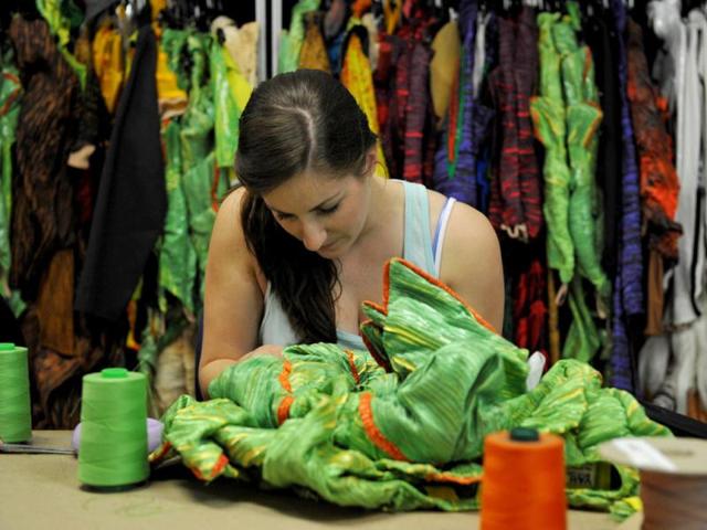 Nicole Artsetos, a wardrobe staff member of the world famous troupe Cirque du Soleil, prepares one of the costumes in the backstage area in Sydney in preparation for the insect-themed show "OVO", meaning egg in Portuguese. (AFP Photo)