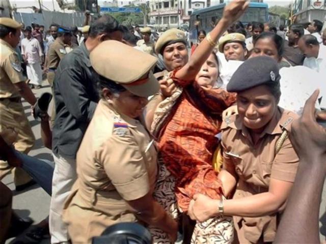 The situation erupted after plant officials announced that enriched uranium fuel would be loaded in the first of the two nuclear reactors around Sep 11.In this picture, police detain a protester during a protest against the Kudankulam Nuclear Power Plant, in Chennai. The Tamil Nadu needs at least 3000-3500 MW of power to meet existing demand. Government in the wake of the acute power shortages in the state ordered in favour of the commissioning of the plant. (PTI Photo)