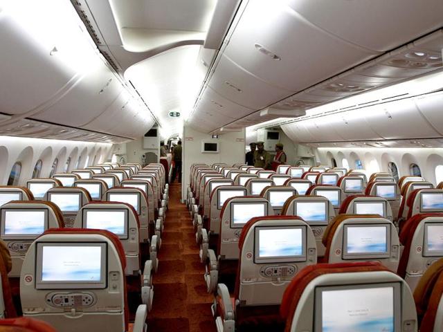 A view of the passenger cabin of a newly inducted Boeing 787 Dreamliner at Indira Gandhi International Airport's Terminal 3 in New Delhi. HT/Sanjeev Verma
