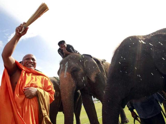A Buddhist monk blesses elephants during the opening the the 11th King's Cup Elephant Polo Tournament in the resort town of Hua-Hin, some 160 km (99 miles) south of Bangkok. Reuters photo/Sukree Sukplang