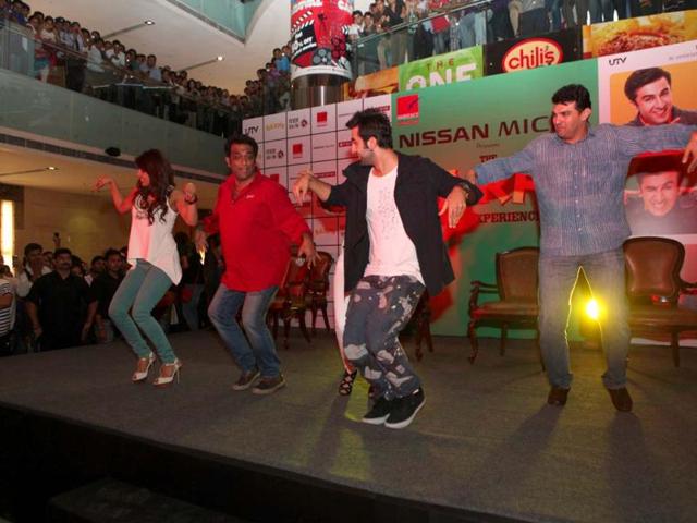 The cast and crew of Barfi! do a little jig as they play to the gallery while promoting the film.