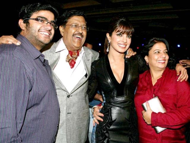 Priyanka Chopra with parents, Madhu and Ashok Chopra and brother Sidharth Chopra (L) during the launch of her song. (PTI Photo)