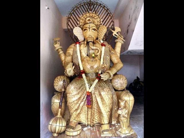 A 13-feet-high Ganesha idol made out of bamboo is displayed at a pandal in old Hubli. The 10-day-long Ganesh utsav is celebrated with great pomp and grandeur across the country, especially in Mumbai. PTI Photo