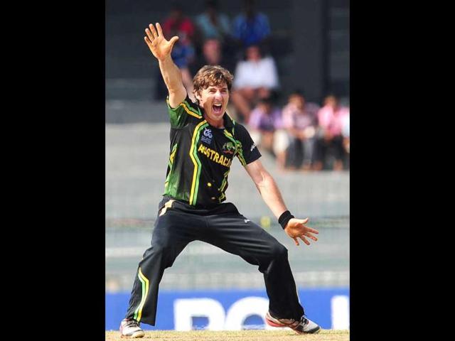Brad Hogg celebrates after he dismissed Ireland cricketer Gary Wilson during the ICC Twenty20 Cricket World Cup match between Australia and Ireland at the R. Premadasa Stadium in Colombo. AFP Photo