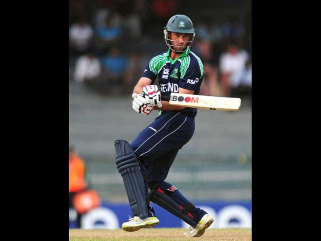 Nigel Jones plays a shot during the ICC Twenty20 Cricket World Cup match between Australia and Ireland at the R. Premadasa Stadium in Colombo. AFP Photo