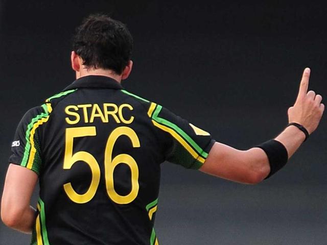 Mitchell Starc celebrates after he dismissed Ireland cricketer Trent Johnston during the ICC Twenty20 Cricket World Cup match between Australia and Ireland at the R. Premadasa Stadium in Colombo. AFP Photo