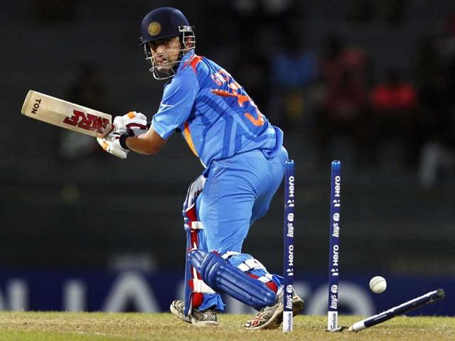Gautam Gambhir is bowled out by Afghanistan's bowler Shapoor Zadran (unseen) during their ICC Twenty20 Cricket World Cup match in Colombo, Sri Lanka. HT/Ajay Aggarwal