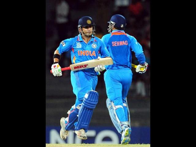 Gautam Gambhir (L) and Virender Sehwag (R) run between the wickets during the ICC Twenty20 Cricket World Cup match between India and Afghanistan at the R Premadasa Stadium in Colombo. AFP/ Lakruwan Wanniarachchi