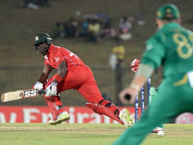 Zimbabwe cricketer Stuart Matsikenyeri plays a shot during the ICC Twenty20 Cricket World Cup match between South Africa and Zimbabwe in Hambantota. AFP photo
