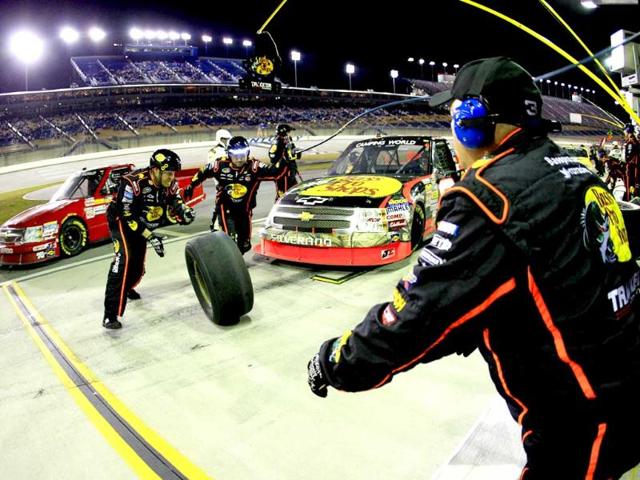 Ty Dillon, driver of the #3 Bass Pro Shops Chevrolet, comes in for a pit stop during the NASCAR Camping World Truck Series Kentucky 201 at Kentucky Speedway in Sparta. AFP/Getty Images/Sean Gardner