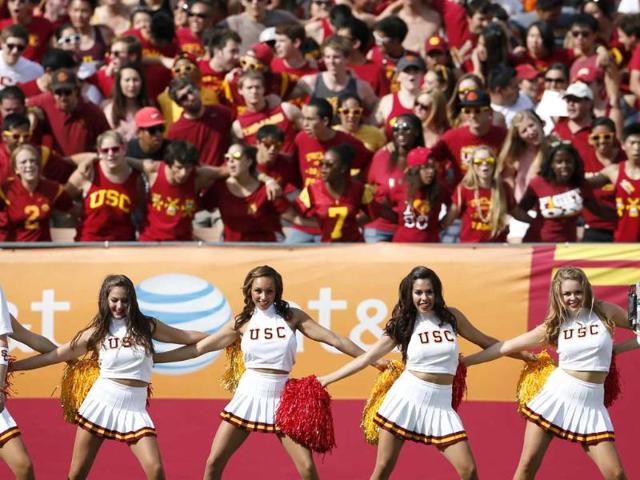 USC cheerleaders cheer for their team against California during the first quarter of their NCAA football game in Los Angeles. Reuters/Lucy Nicholson