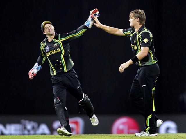 Australia's Shane Watson celebrates the dismissal of Yuvraj Singh during the ICC T20 World Cup cricket match, Super Eight group between India and Australia at R. Premadasa Stadium in Colombo. HT/Ajay Aggarwal