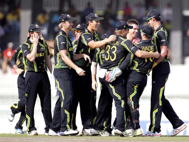 Australia's Xavier Doherty celebrates the dismissal of South Africa's Jacques Kallis during the ICC T20 World Cup cricket match between Australia and South Africa at R Premadasa Stadium in Colombo, Sri Lanka. HT Photo/Ajay Aggarwal
